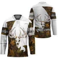 Custom Deer Hunting Skull Hockey Jersey with Antlers Graphic on Autumn Leaf Camo Background - Wonder Print Shop