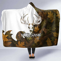 Custom Deer Hunting Skull Hooded Blanket with Antlers Graphic on Autumn Leaf Camo Background - Wonder Print Shop