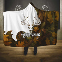 Custom Deer Hunting Skull Hooded Blanket with Antlers Graphic on Autumn Leaf Camo Background - Wonder Print Shop