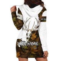 Custom Deer Hunting Skull Hoodie Dress with Antlers Graphic on Autumn Leaf Camo Background - Wonder Print Shop