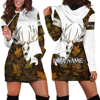 Custom Deer Hunting Skull Hoodie Dress with Antlers Graphic on Autumn Leaf Camo Background - Wonder Print Shop