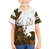 Custom Deer Hunting Skull Kid Hawaiian Shirt with Antlers Graphic on Autumn Leaf Camo Background - Wonder Print Shop