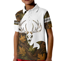 Custom Deer Hunting Skull Kid Polo Shirt with Antlers Graphic on Autumn Leaf Camo Background - Wonder Print Shop