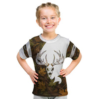 Custom Deer Hunting Skull Kid T Shirt with Antlers Graphic on Autumn Leaf Camo Background - Wonder Print Shop