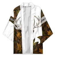 Custom Deer Hunting Skull Kimono with Antlers Graphic on Autumn Leaf Camo Background - Wonder Print Shop