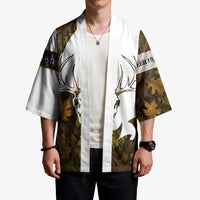 Custom Deer Hunting Skull Kimono with Antlers Graphic on Autumn Leaf Camo Background - Wonder Print Shop