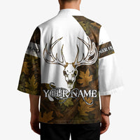 Custom Deer Hunting Skull Kimono with Antlers Graphic on Autumn Leaf Camo Background - Wonder Print Shop