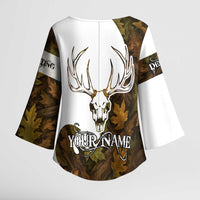 Custom Deer Hunting Skull Kimono Sleeve Blouse with Antlers Graphic on Autumn Leaf Camo Background - Wonder Print Shop