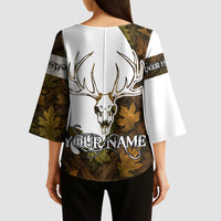 Custom Deer Hunting Skull Kimono Sleeve Blouse with Antlers Graphic on Autumn Leaf Camo Background - Wonder Print Shop