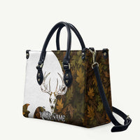 Custom Deer Hunting Skull Leather Bag with Antlers Graphic on Autumn Leaf Camo Background - Wonder Print Shop
