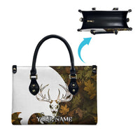 Custom Deer Hunting Skull Leather Bag with Antlers Graphic on Autumn Leaf Camo Background - Wonder Print Shop