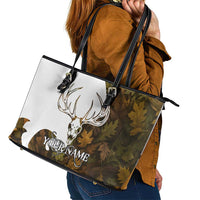 Custom Deer Hunting Skull Leather Tote Bag with Antlers Graphic on Autumn Leaf Camo Background - Wonder Print Shop