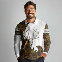 Custom Deer Hunting Skull Long Sleeve Polo Shirt with Antlers Graphic on Autumn Leaf Camo Background - Wonder Print Shop