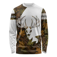 Custom Deer Hunting Skull Long Sleeve Shirt with Antlers Graphic on Autumn Leaf Camo Background - Wonder Print Shop