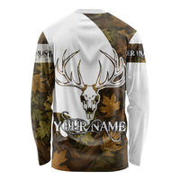 Custom Deer Hunting Skull Long Sleeve Shirt with Antlers Graphic on Autumn Leaf Camo Background - Wonder Print Shop
