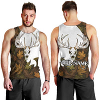 Custom Deer Hunting Skull Men Tank Top with Antlers Graphic on Autumn Leaf Camo Background - Wonder Print Shop