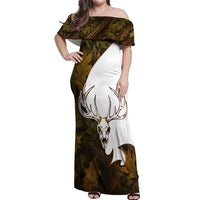 Custom Deer Hunting Skull Off Shoulder Maxi Dress with Antlers Graphic on Autumn Leaf Camo Background - Wonder Print Shop