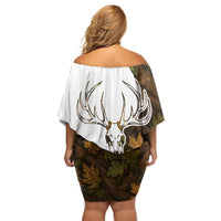 Custom Deer Hunting Skull Off Shoulder Short Dress with Antlers Graphic on Autumn Leaf Camo Background - Wonder Print Shop