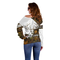 Custom Deer Hunting Skull Off Shoulder Sweater with Antlers Graphic on Autumn Leaf Camo Background - Wonder Print Shop