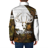 Custom Deer Hunting Skull Padded Jacket with Antlers Graphic on Autumn Leaf Camo Background - Wonder Print Shop