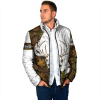Custom Deer Hunting Skull Padded Jacket with Antlers Graphic on Autumn Leaf Camo Background - Wonder Print Shop