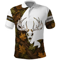 Custom Deer Hunting Skull Polo Shirt with Antlers Graphic on Autumn Leaf Camo Background - Wonder Print Shop