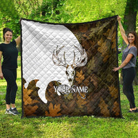 Custom Deer Hunting Skull Quilt with Antlers Graphic on Autumn Leaf Camo Background - Wonder Print Shop