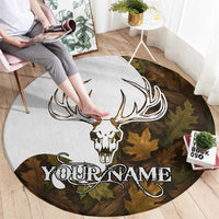 Custom Deer Hunting Skull Round Carpet with Antlers Graphic on Autumn Leaf Camo Background - Wonder Print Shop
