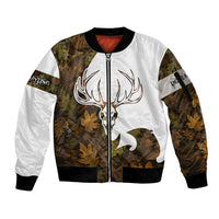 Custom Deer Hunting Skull Sleeve Zip Bomber Jacket with Antlers Graphic on Autumn Leaf Camo Background - Wonder Print Shop