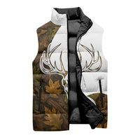 Custom Deer Hunting Skull Sleeveless Puffer Jacket with Antlers Graphic on Autumn Leaf Camo Background - Wonder Print Shop