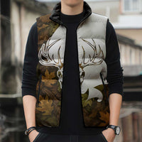 Custom Deer Hunting Skull Sleeveless Puffer Jacket with Antlers Graphic on Autumn Leaf Camo Background - Wonder Print Shop
