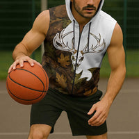 Custom Deer Hunting Skull Sleeveless Zip Hoodie with Antlers Graphic on Autumn Leaf Camo Background - Wonder Print Shop