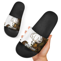 Custom Deer Hunting Skull Slide Sandals with Antlers Graphic on Autumn Leaf Camo Background - Wonder Print Shop