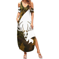 Custom Deer Hunting Skull Summer Maxi Dress with Antlers Graphic on Autumn Leaf Camo Background - Wonder Print Shop