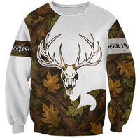 Custom Deer Hunting Skull Sweatshirt with Antlers Graphic on Autumn Leaf Camo Background - Wonder Print Shop