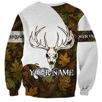 Custom Deer Hunting Skull Sweatshirt with Antlers Graphic on Autumn Leaf Camo Background - Wonder Print Shop