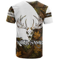 Custom Deer Hunting Skull T Shirt with Antlers Graphic on Autumn Leaf Camo Background - Wonder Print Shop