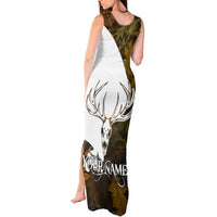 Custom Deer Hunting Skull Tank Maxi Dress with Antlers Graphic on Autumn Leaf Camo Background - Wonder Print Shop
