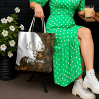 Custom Deer Hunting Skull Tote Bag with Antlers Graphic on Autumn Leaf Camo Background - Wonder Print Shop