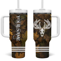 Custom Deer Hunting Skull Tumbler With Handle with Antlers Graphic on Autumn Leaf Camo Background - Wonder Print Shop