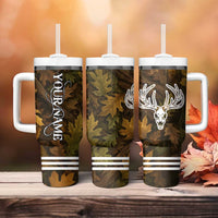 Custom Deer Hunting Skull Tumbler With Handle with Antlers Graphic on Autumn Leaf Camo Background - Wonder Print Shop