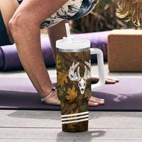 Custom Deer Hunting Skull Tumbler With Handle with Antlers Graphic on Autumn Leaf Camo Background - Wonder Print Shop