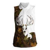 Custom Deer Hunting Skull Women Sleeveless Polo Shirt with Antlers Graphic on Autumn Leaf Camo Background - Wonder Print Shop