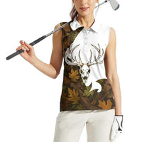 Custom Deer Hunting Skull Women Sleeveless Polo Shirt with Antlers Graphic on Autumn Leaf Camo Background - Wonder Print Shop