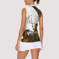 Custom Deer Hunting Skull Women Sleeveless Polo Shirt with Antlers Graphic on Autumn Leaf Camo Background - Wonder Print Shop