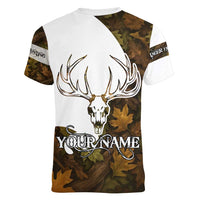 Custom Deer Hunting Skull Women V-Neck T-Shirt with Antlers Graphic on Autumn Leaf Camo Background - Wonder Print Shop