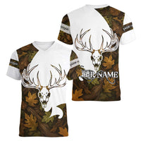 Custom Deer Hunting Skull Women V-Neck T-Shirt with Antlers Graphic on Autumn Leaf Camo Background - Wonder Print Shop