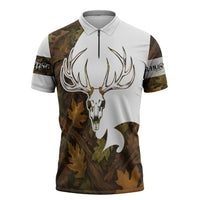 Custom Deer Hunting Skull Zipper Polo Shirt with Antlers Graphic on Autumn Leaf Camo Background - Wonder Print Shop