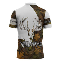 Custom Deer Hunting Skull Zipper Polo Shirt with Antlers Graphic on Autumn Leaf Camo Background - Wonder Print Shop