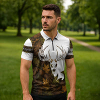 Custom Deer Hunting Skull Zipper Polo Shirt with Antlers Graphic on Autumn Leaf Camo Background - Wonder Print Shop